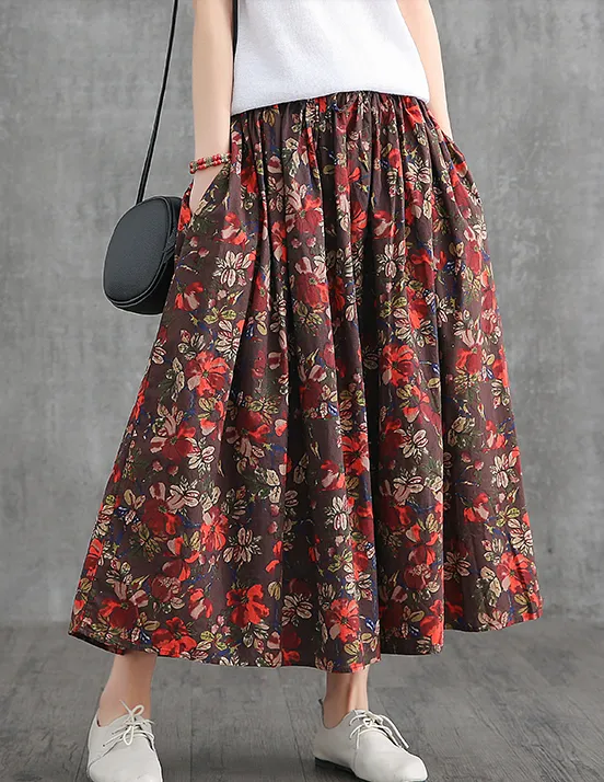 Print Casual Cotton Linen loose fitting Women's Skirts DZA2007131