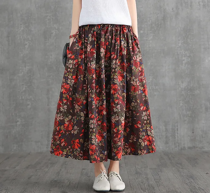 Print Casual Cotton Linen loose fitting Women's Skirts DZA2007131