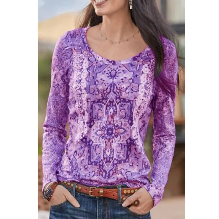 Printed ethnic style t-shirt women long sleeve top