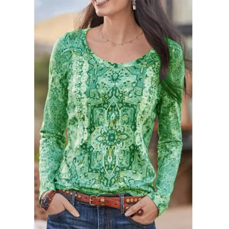 Printed ethnic style t-shirt women long sleeve top