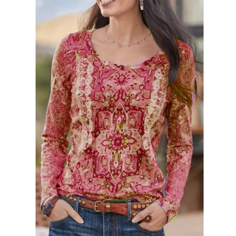 Printed ethnic style t-shirt women long sleeve top