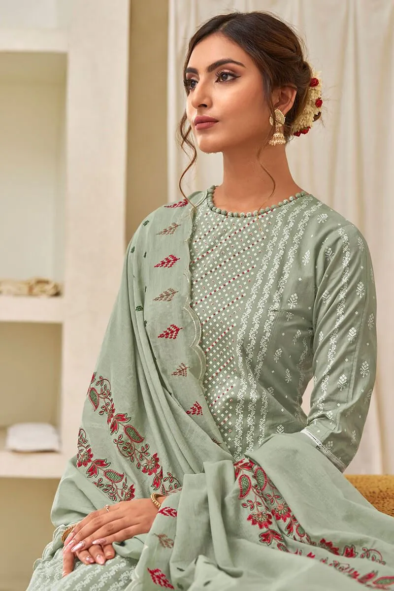 Pure Cotton Green Unstitched Printed Salwar Suit Material