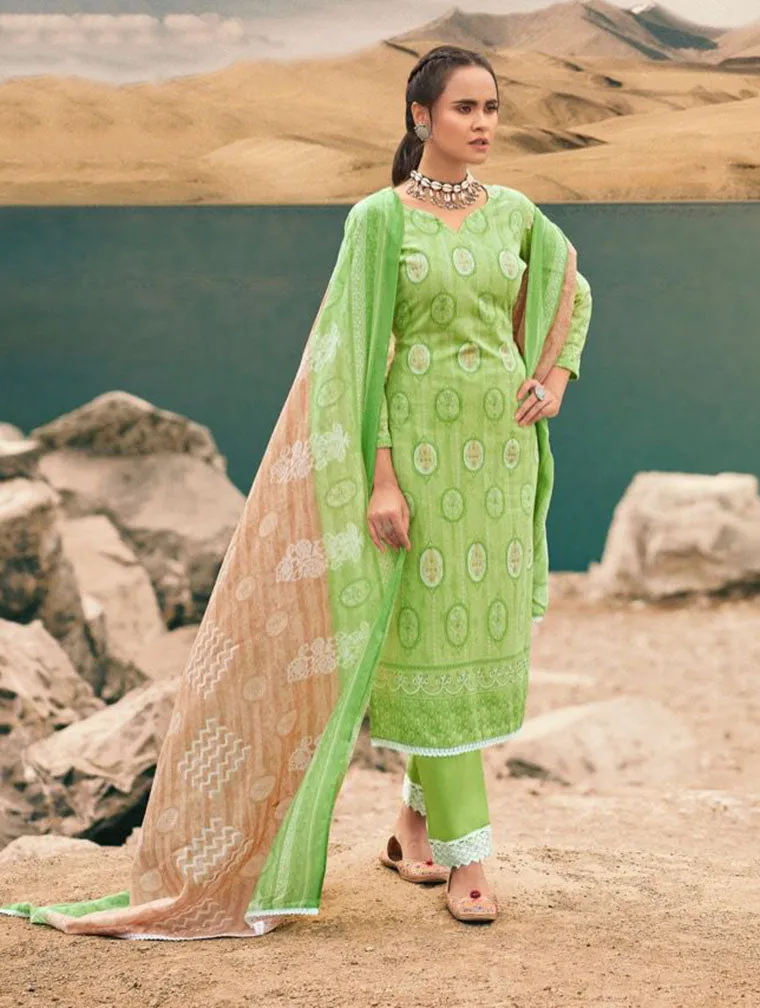 Pure Cotton Green Unstitched Printed Suit Material