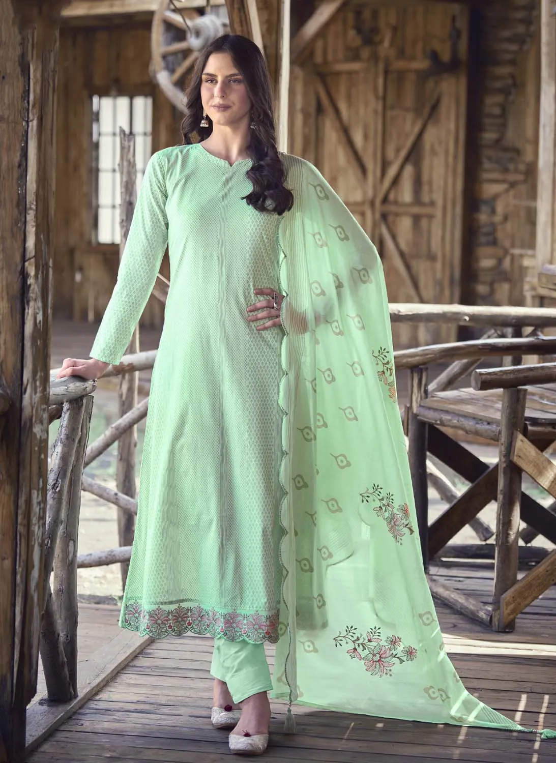 Pure Cotton Party Wear Cotton Women Unstitched Salwar Suit Green