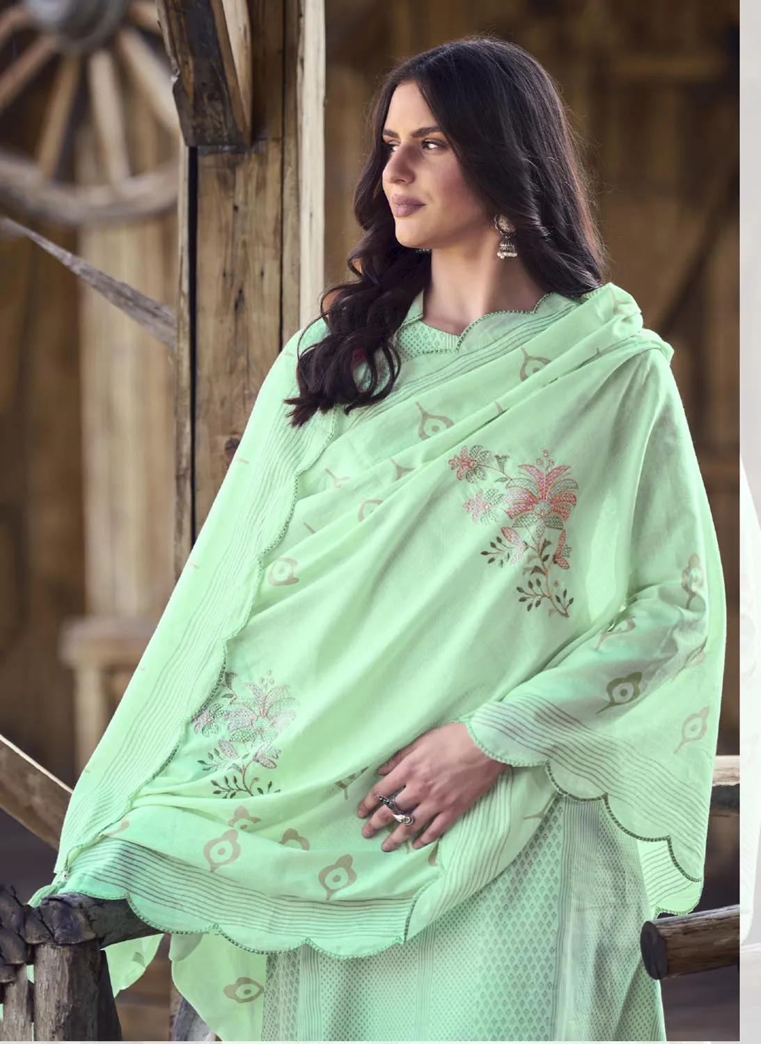 Pure Cotton Party Wear Cotton Women Unstitched Salwar Suit Green