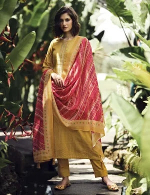 Pure Cotton Silk Unstitched Women Yellow Salwar Suit Dress Material