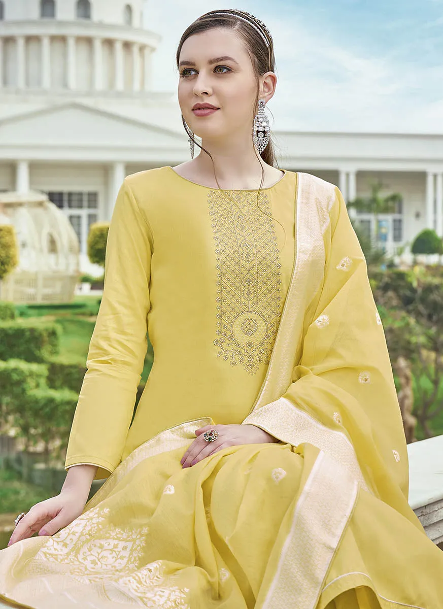 Pure Cotton Yellow Unstitched Suit Material with Lucknowi Work