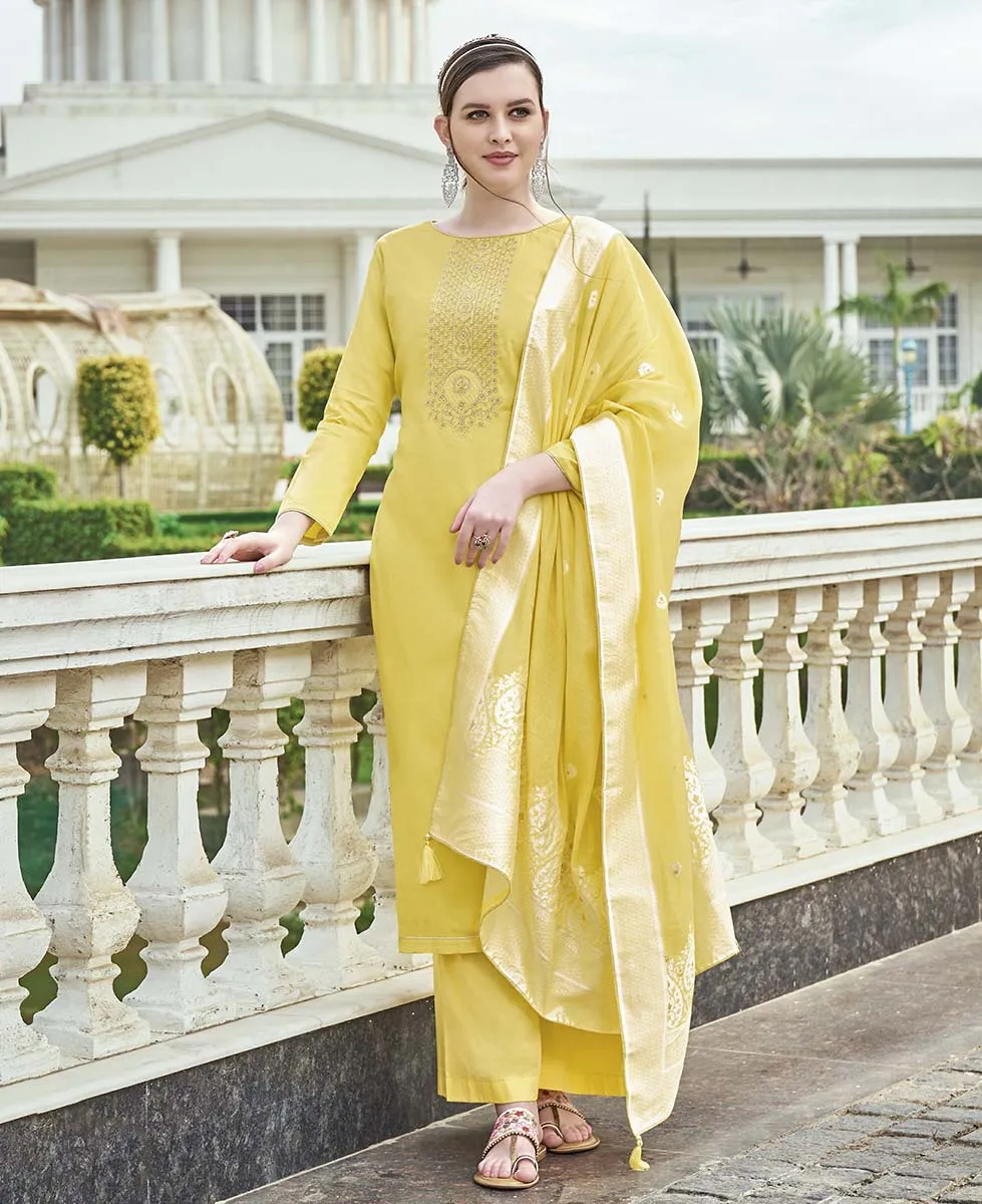 Pure Cotton Yellow Unstitched Suit Material with Lucknowi Work