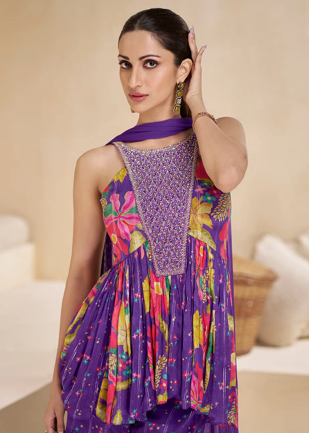 Purple Digital Printed & Embroidered Party Style Sharara Suit