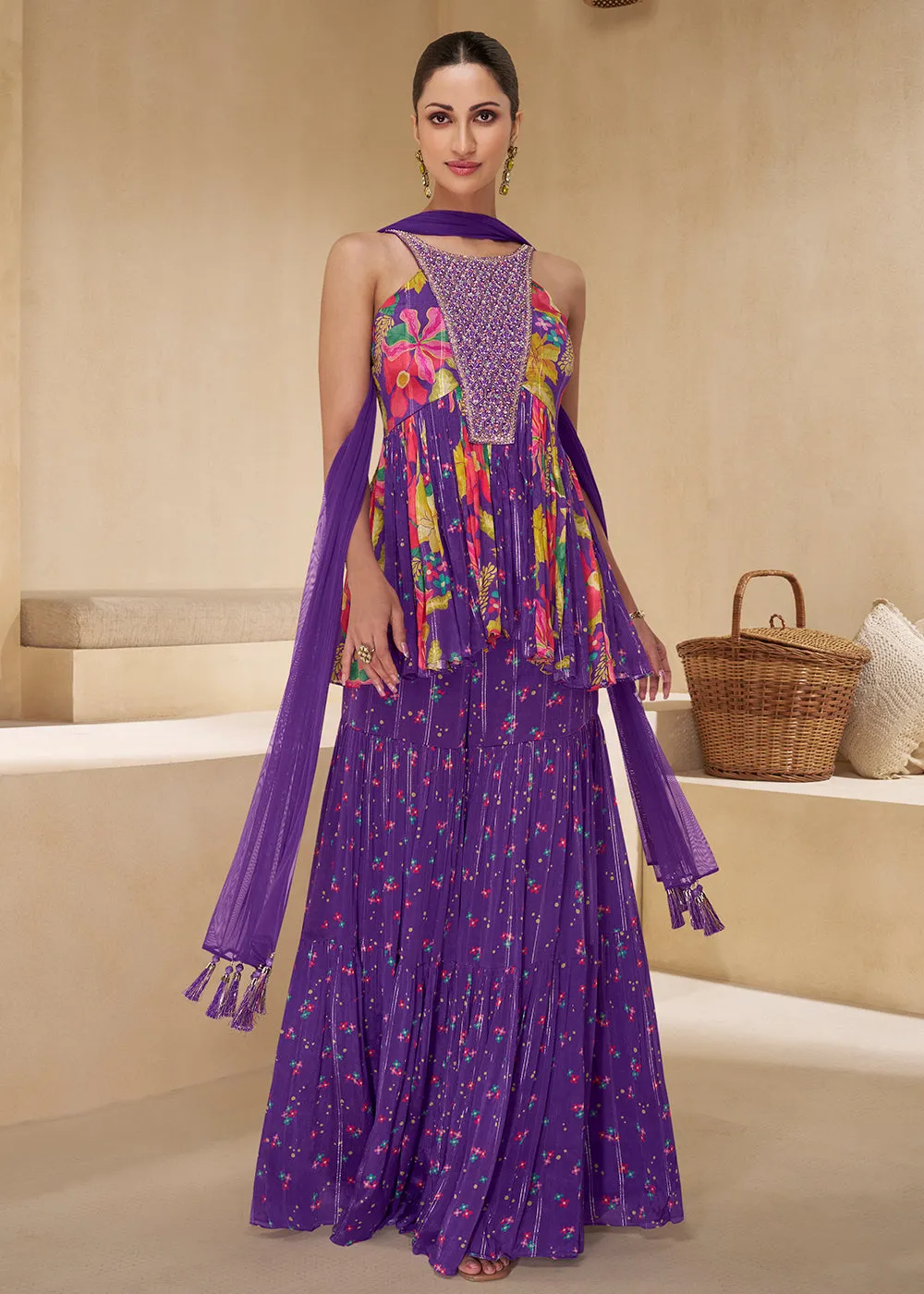 Purple Digital Printed & Embroidered Party Style Sharara Suit