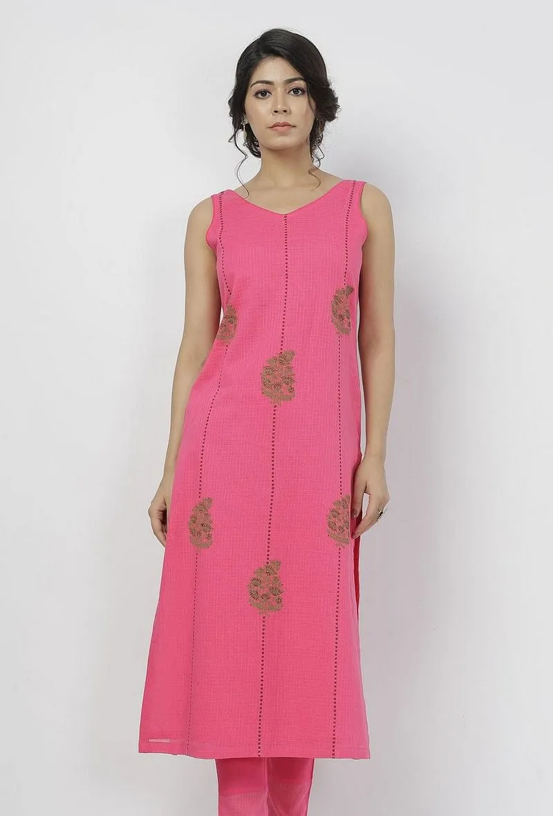 Raisa Pink Floral Motif Hand-Block Printed Kota Straight Fit Sleeveless Kota Kurta