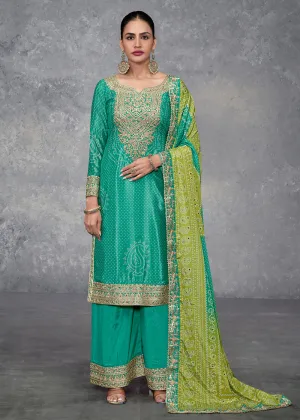 Rama Green Embroidered Chinnon Wedding Style Palazzo Suit