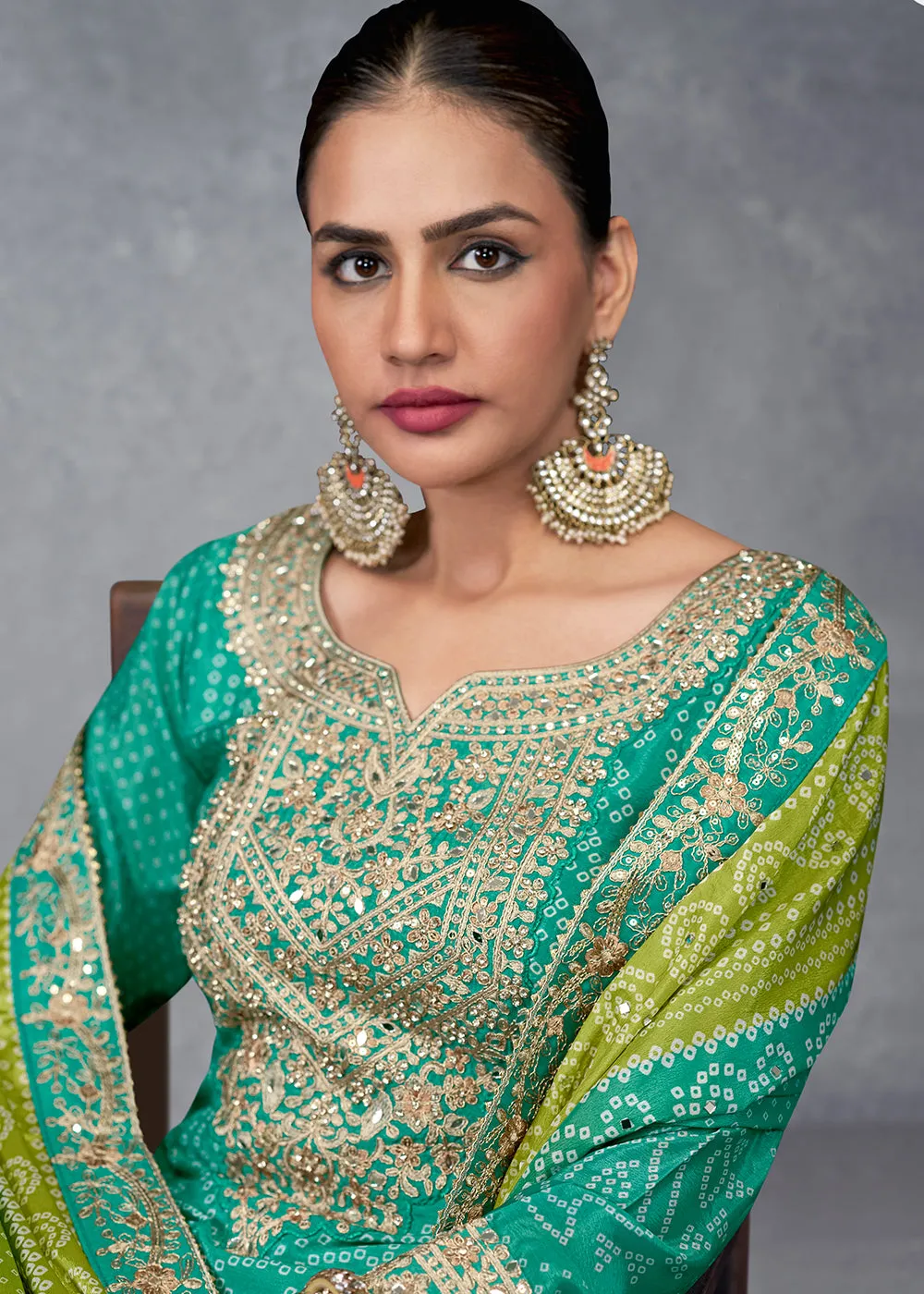 Rama Green Embroidered Chinnon Wedding Style Palazzo Suit