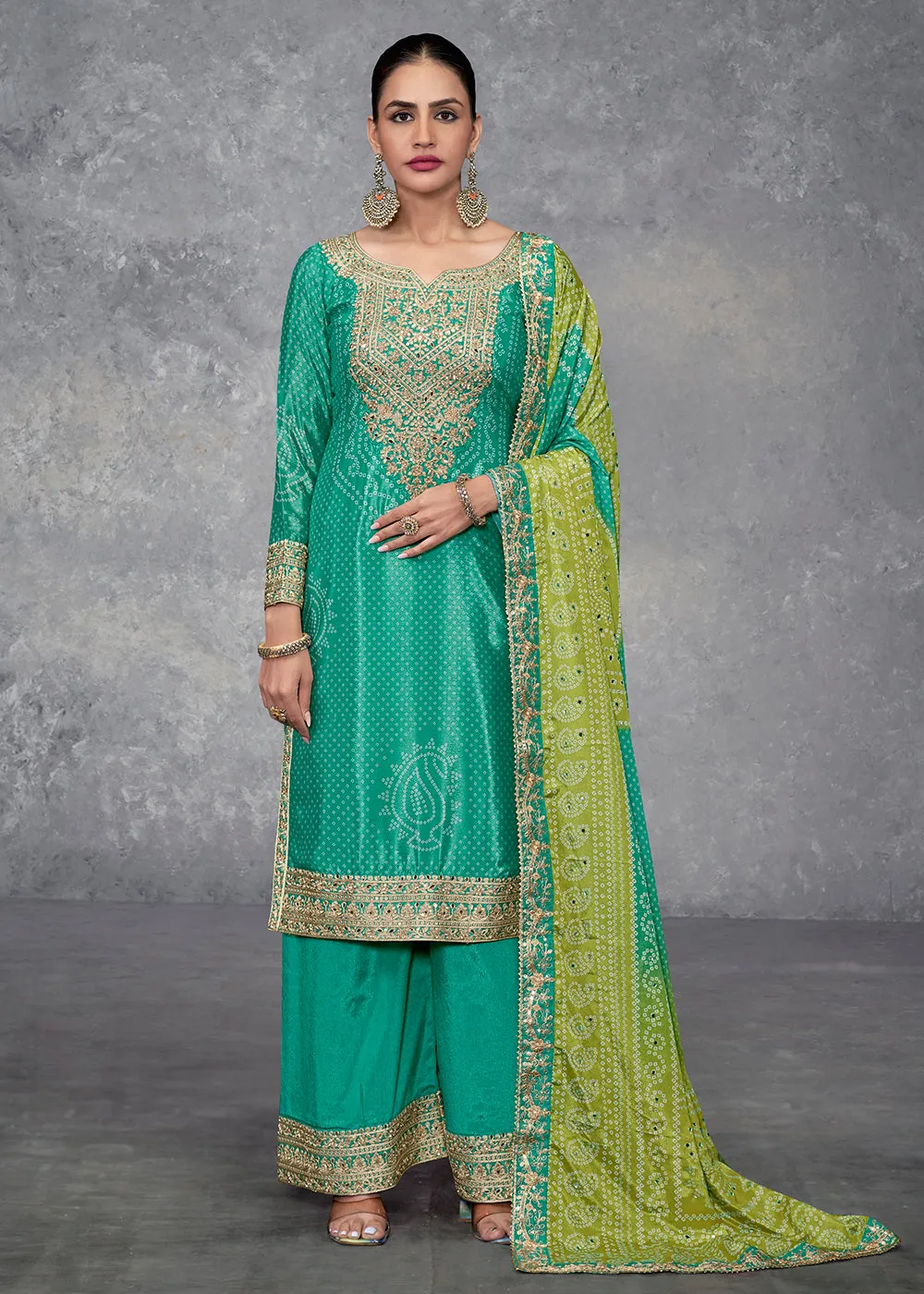 Rama Green Embroidered Chinnon Wedding Style Palazzo Suit