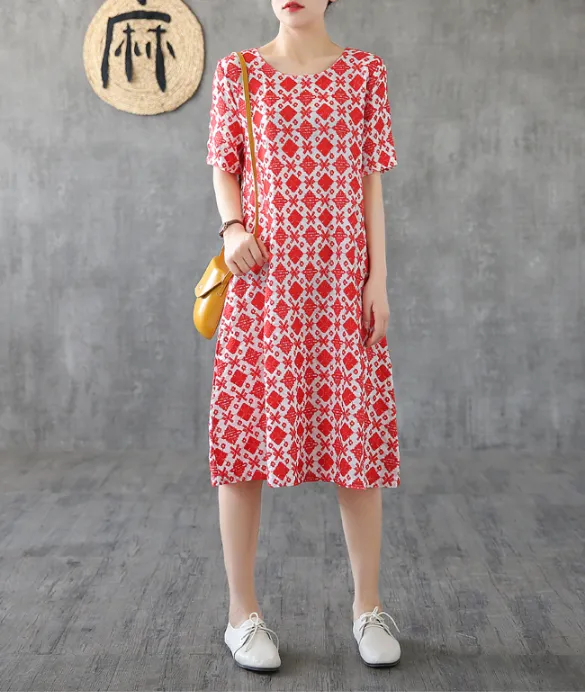 Red Floral Short Sleeve Summer Spring Cotton Linen Women Dresses DZA20671