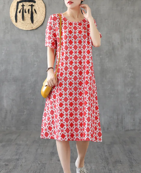 Red Floral Short Sleeve Summer Spring Cotton Linen Women Dresses DZA20671