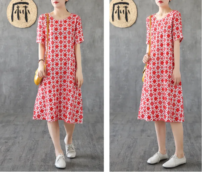 Red Floral Short Sleeve Summer Spring Cotton Linen Women Dresses DZA20671