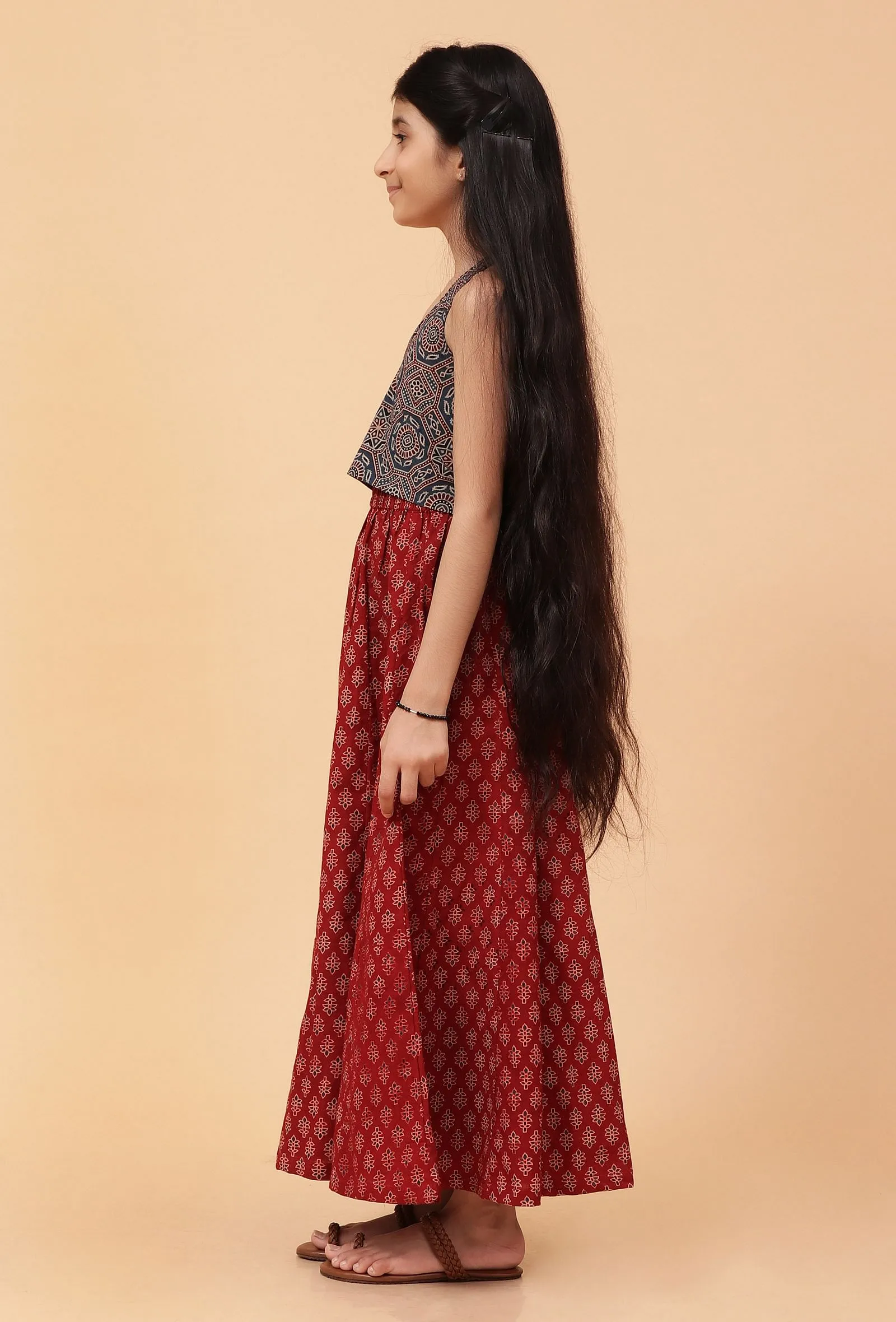 Set Of 2: Ana Indigo Ajrakh Print Cotton Top & Madder Red Skirt