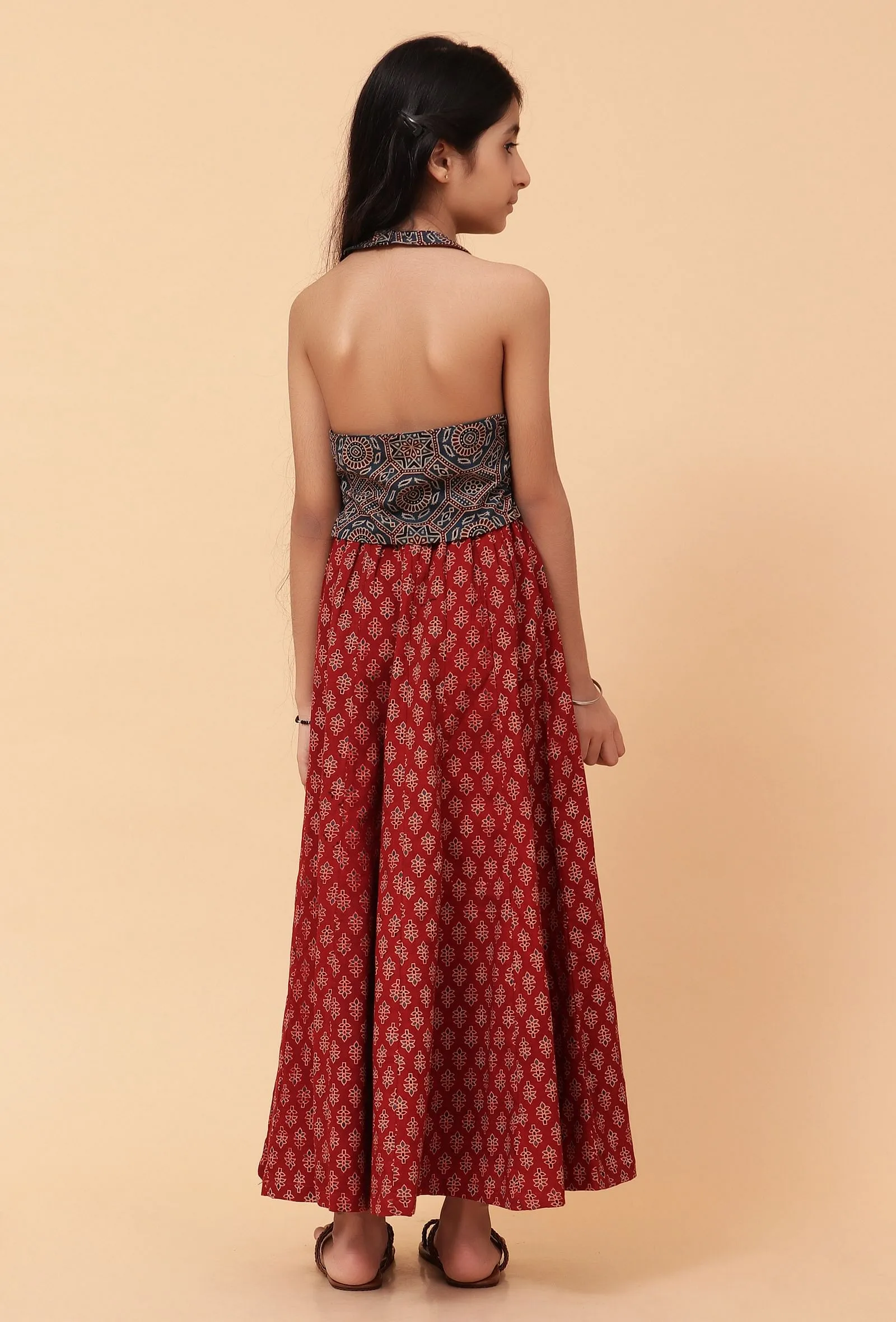 Set Of 2: Ana Indigo Ajrakh Print Cotton Top & Madder Red Skirt