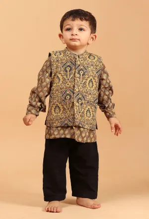 Set of 3: Jivin Khaki Cotton Kurta, Black Pyjama & Khaki Ajrakh Print Jacket