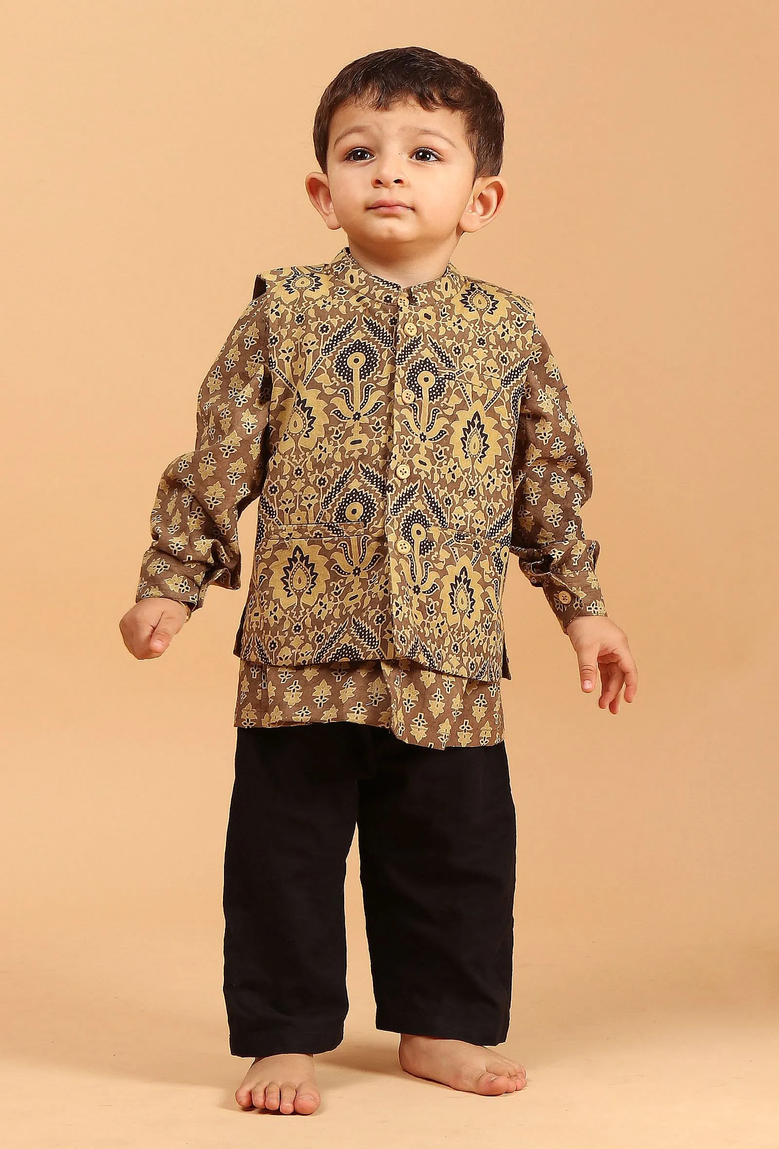 Set of 3: Jivin Khaki Cotton Kurta, Black Pyjama & Khaki Ajrakh Print Jacket