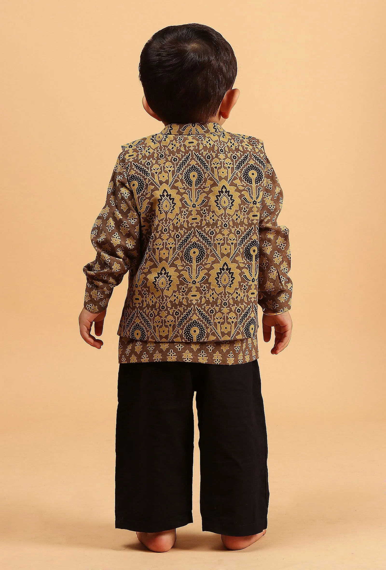 Set of 3: Jivin Khaki Cotton Kurta, Black Pyjama & Khaki Ajrakh Print Jacket