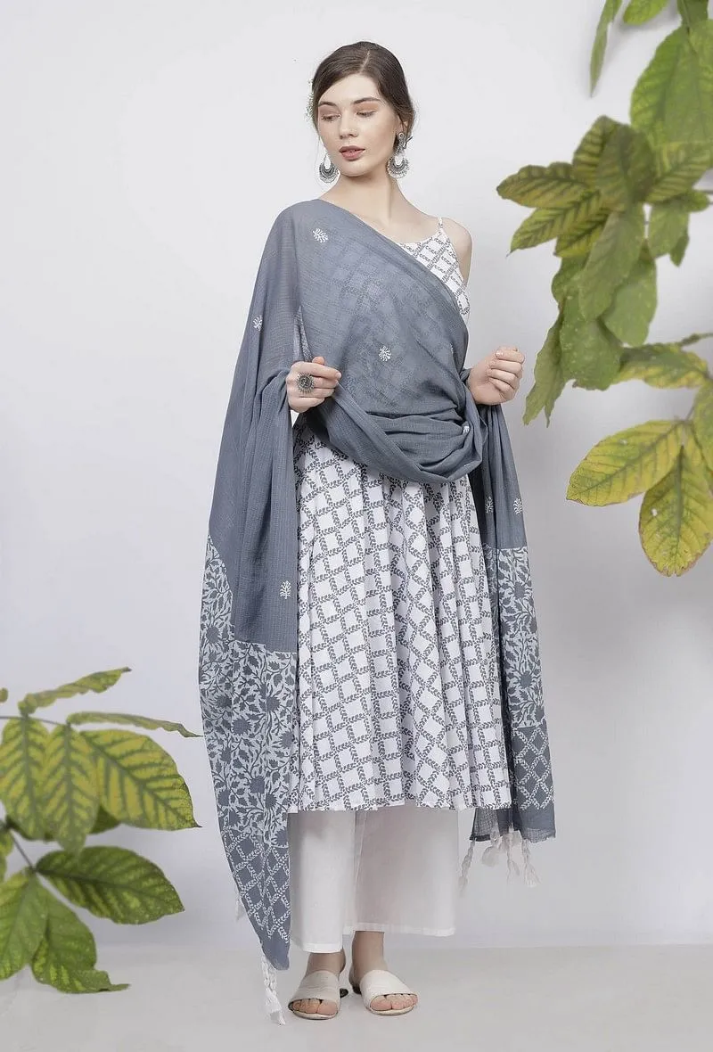 Set-of 3- Powder Blue  Criss Cross Hand-Block Printed Cotton Slip Kurta with White Flared Palazzo and Powder Blue Hand-Block Printed Kota  Dupatta