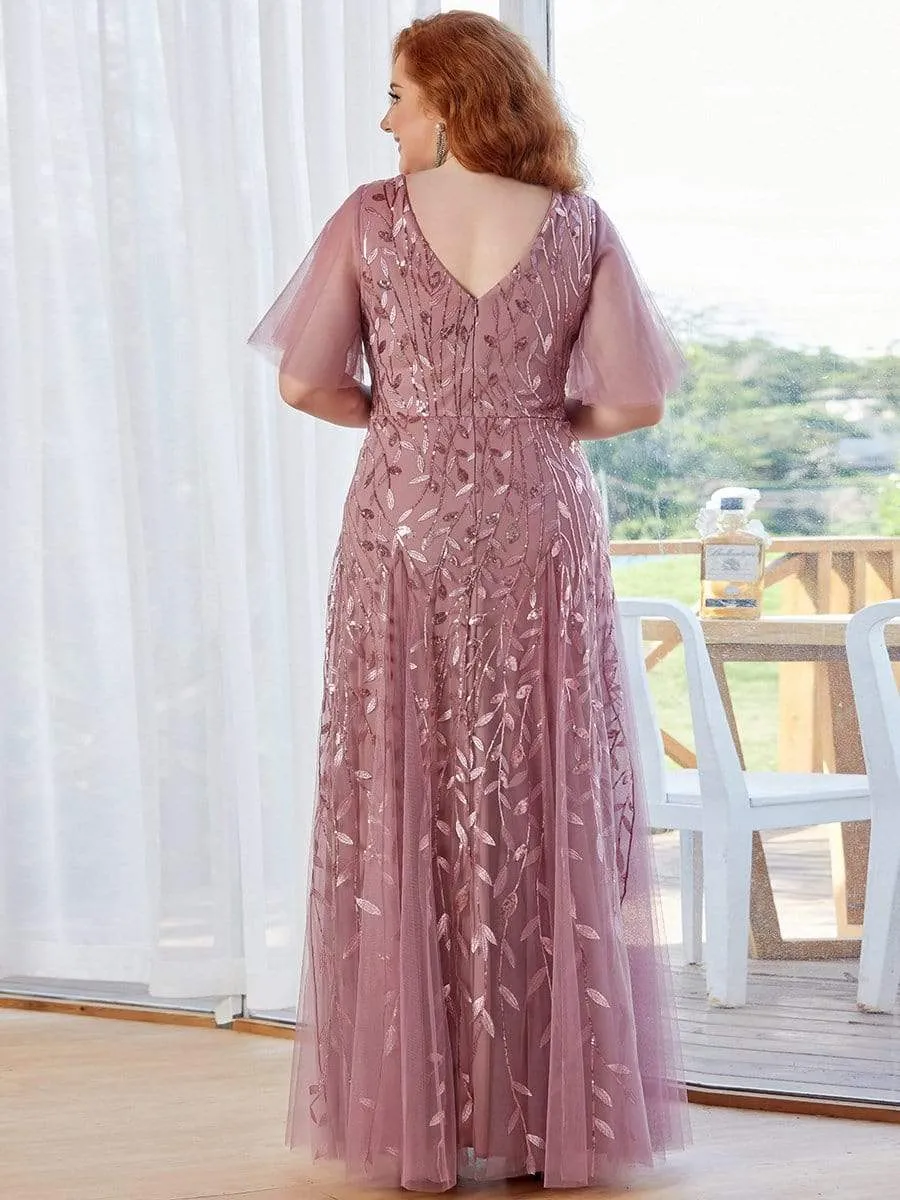 Shimmery V Neck Ruffle Sleeves Sequin Maxi Long Evening Gowns