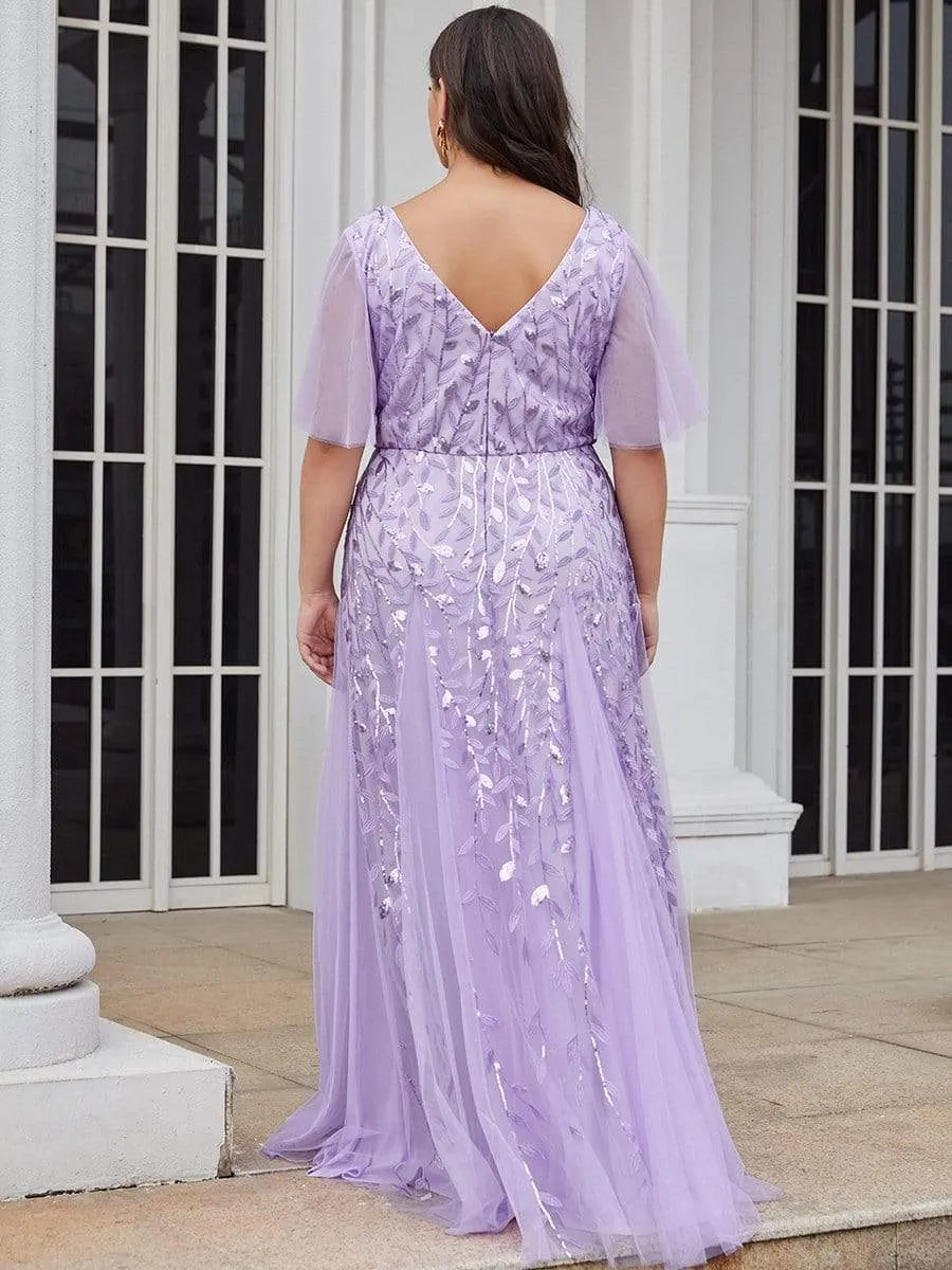 Shimmery V Neck Ruffle Sleeves Sequin Maxi Long Evening Gowns