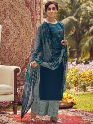 Unstitched Cotton Embroidered Blue Salwar Kameez Suit Set