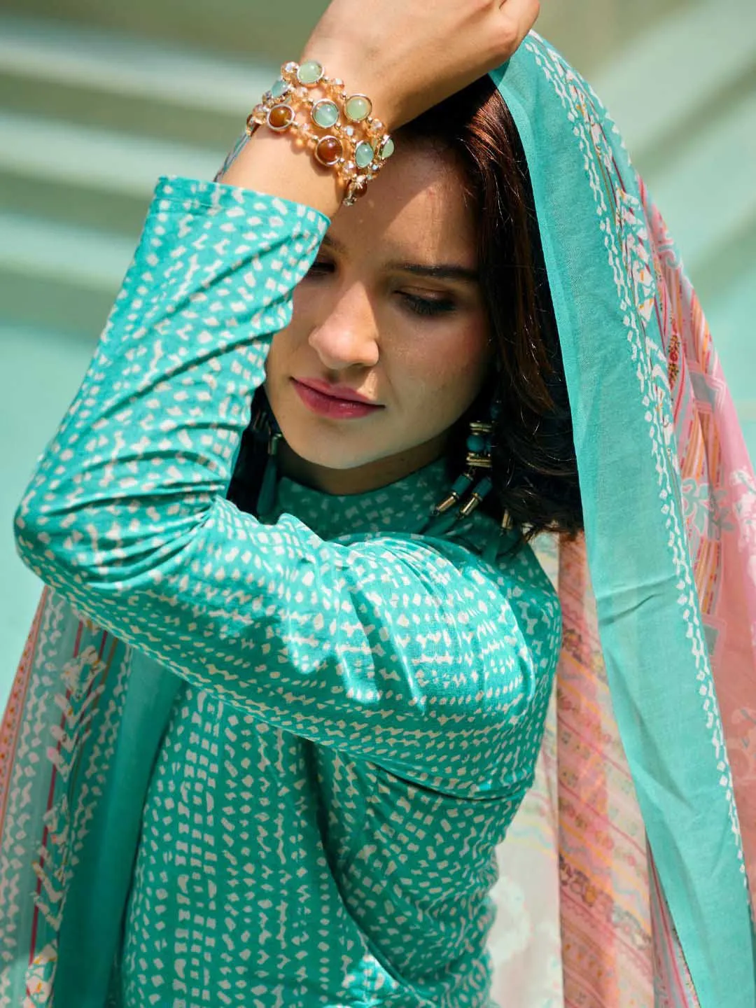 Unstitched Green Pure Lawn Cotton Suit Material with Embroidery