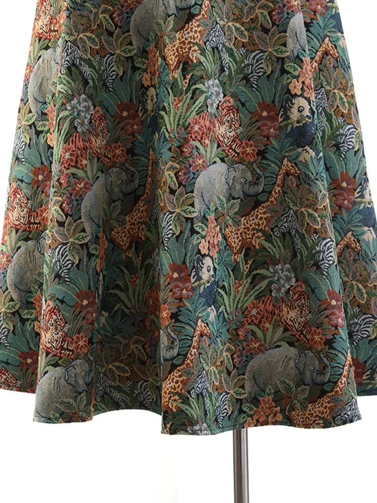 Vintage Animal Print High Waist A-line Jacquard Midi Skirt