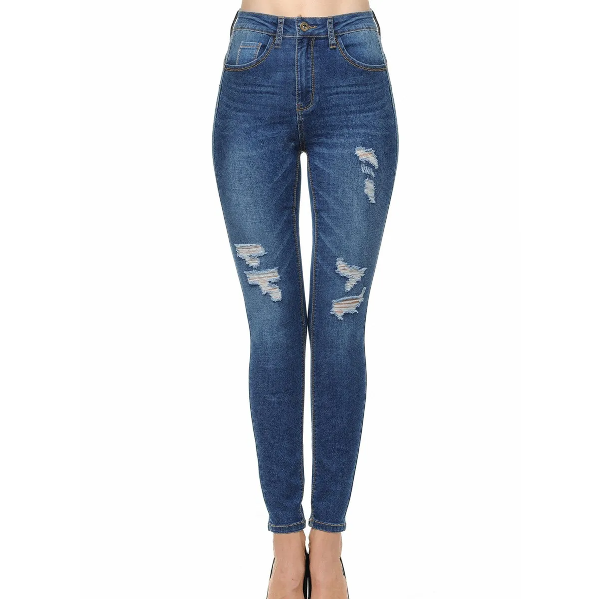 Wax Denim Women's Push-Up High-Rise Skinny Jeans with Destruction