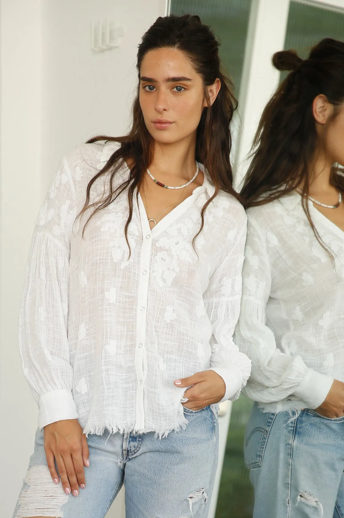 White Embroidered Gauze Shirt