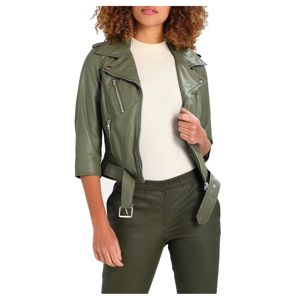 Women Olive Green Motorcycle Genuine Leather Jacket