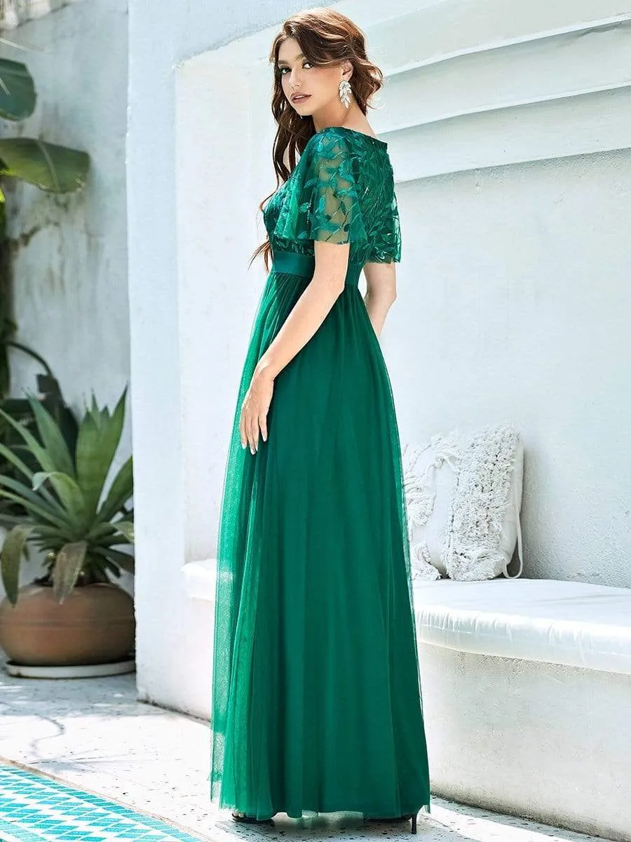 Women's A-Line Short Sleeve Embroidery Floor Length Evening Dresses