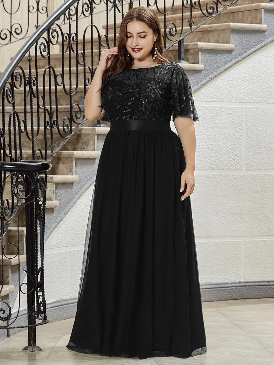 Women's A-Line Short Sleeve Embroidery Floor Length Evening Dresses