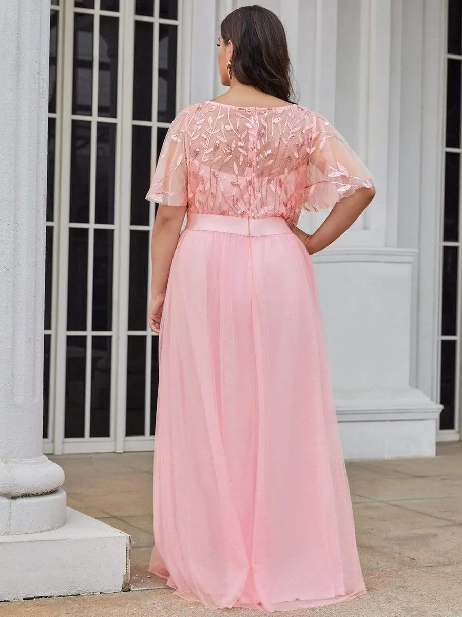 Women's A-Line Short Sleeve Embroidery Floor Length Evening Dresses