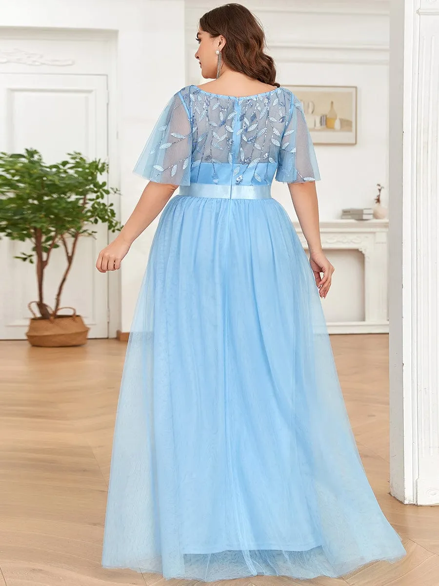 Women's A-Line Short Sleeve Embroidery Floor Length Evening Dresses