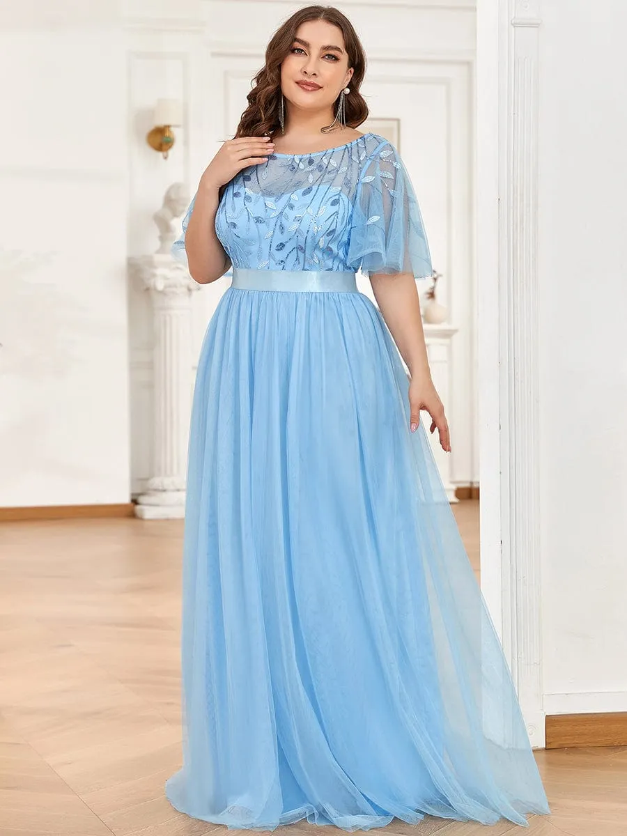 Women's A-Line Short Sleeve Embroidery Floor Length Evening Dresses