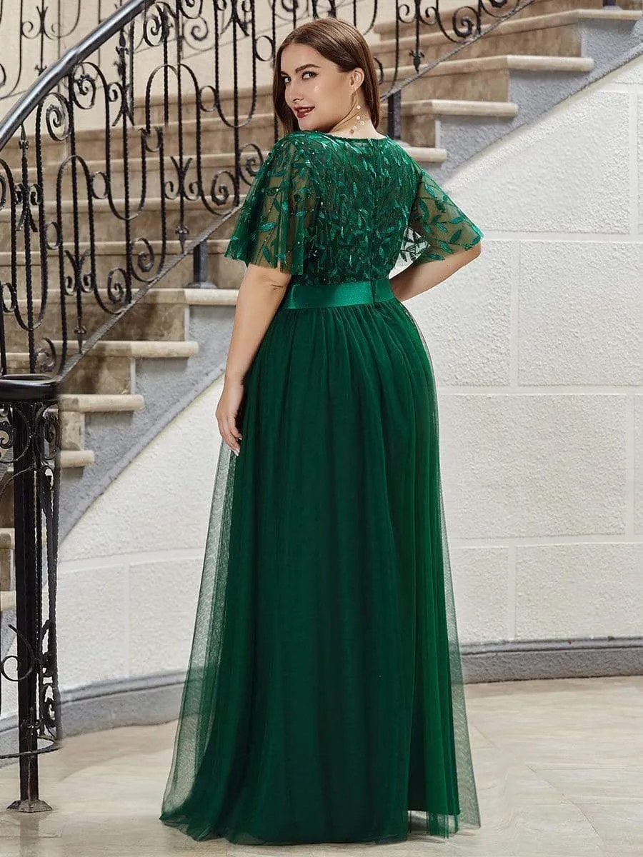 Women's A-Line Short Sleeve Embroidery Floor Length Evening Dresses