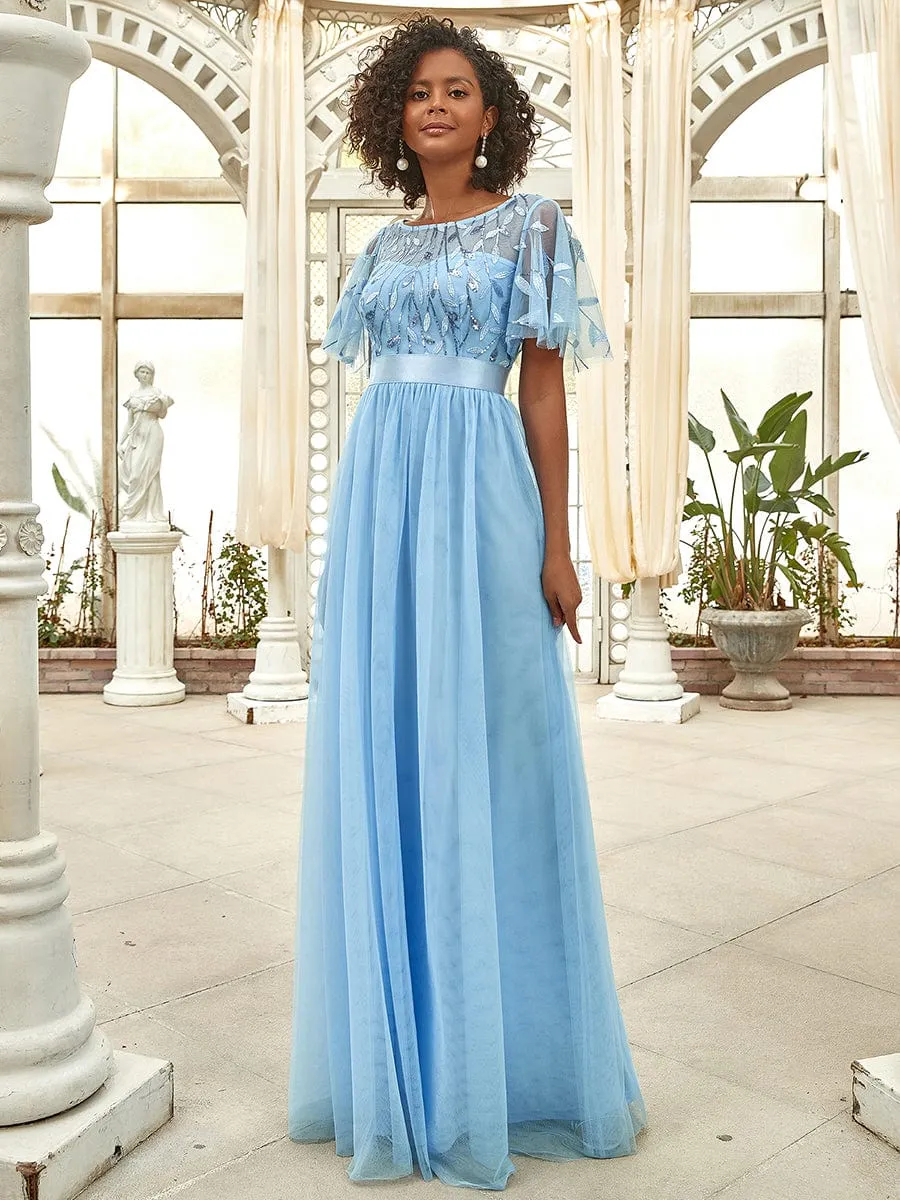 Women's A-Line Short Sleeve Embroidery Floor Length Evening Dresses