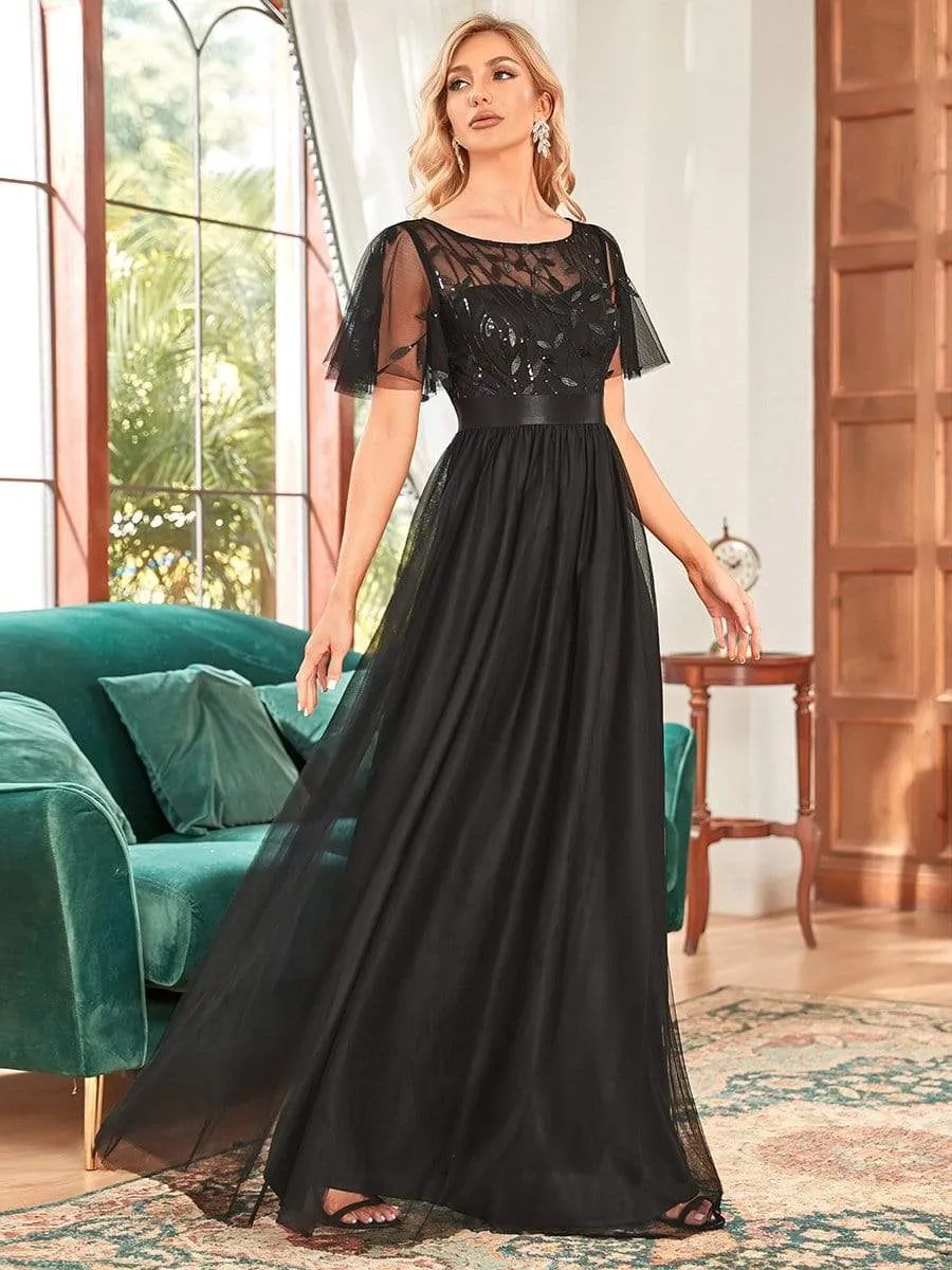 Women's A-Line Short Sleeve Embroidery Floor Length Evening Dresses