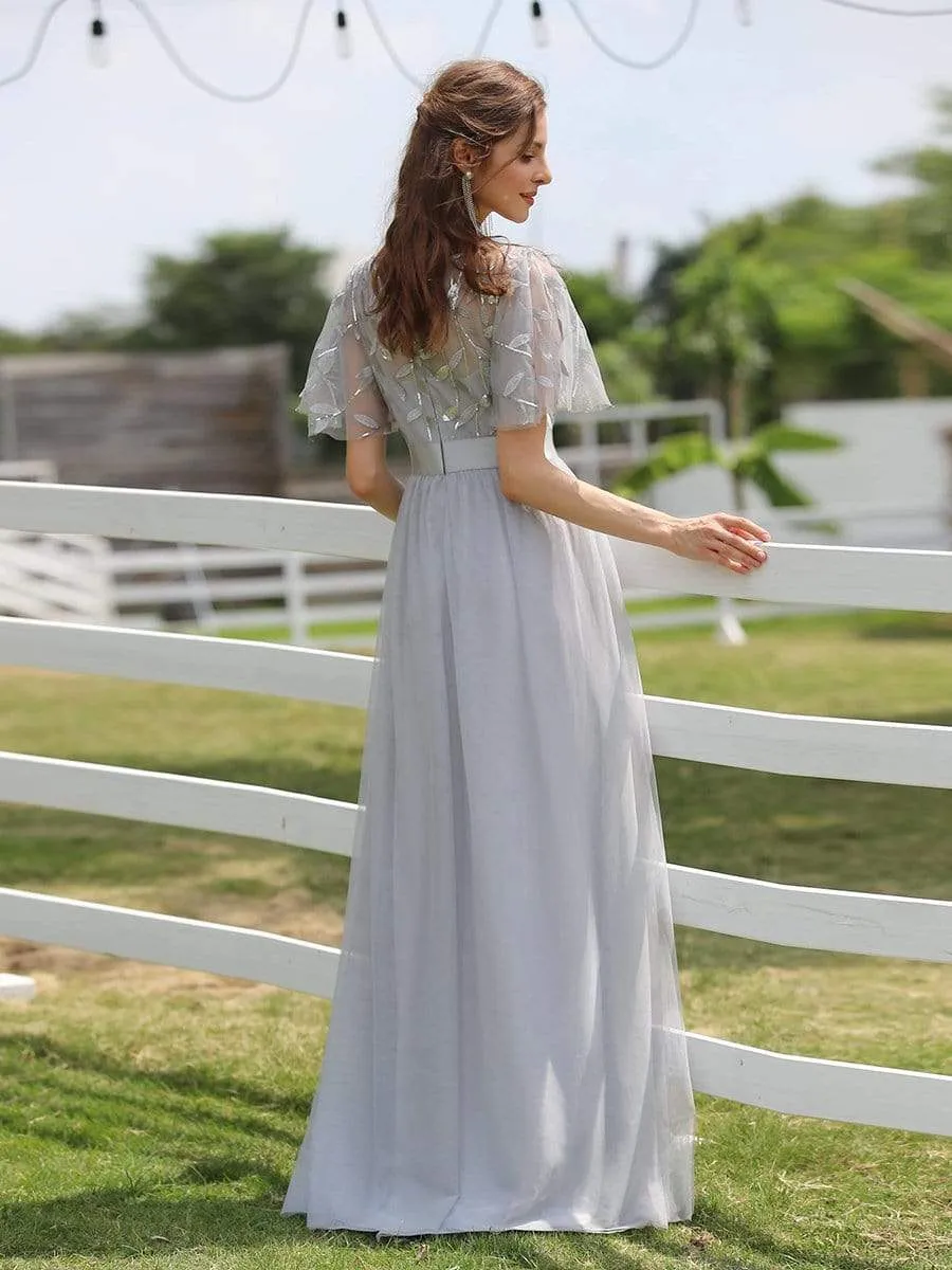 Women's A-Line Short Sleeve Embroidery Floor Length Evening Dresses